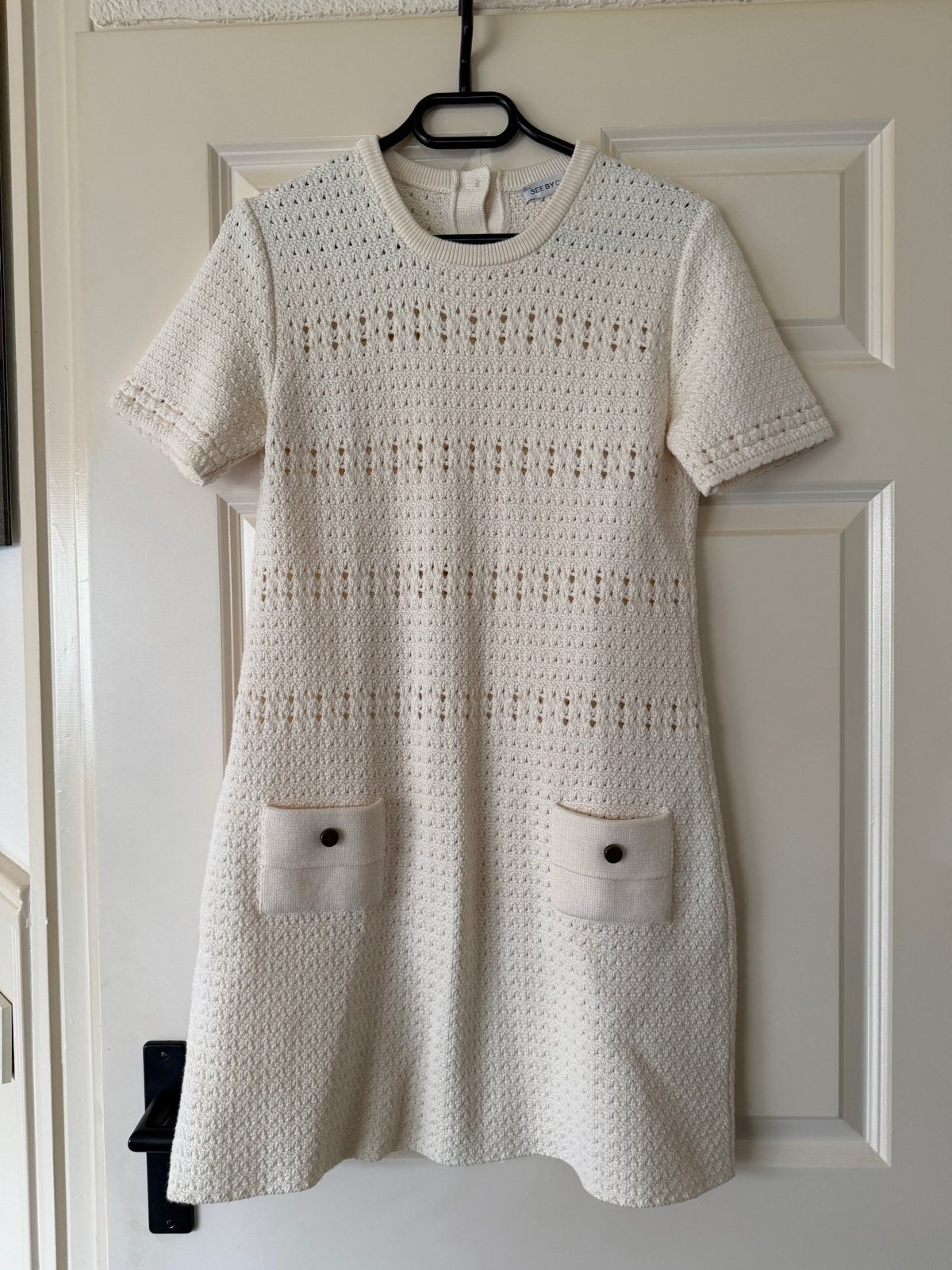 See by Chloé gebreide jurk met korte mouwen M, Kleding | Dames, Maat 38/40 (M), Beige, Ophalen of Verzenden, Zo goed als nieuw