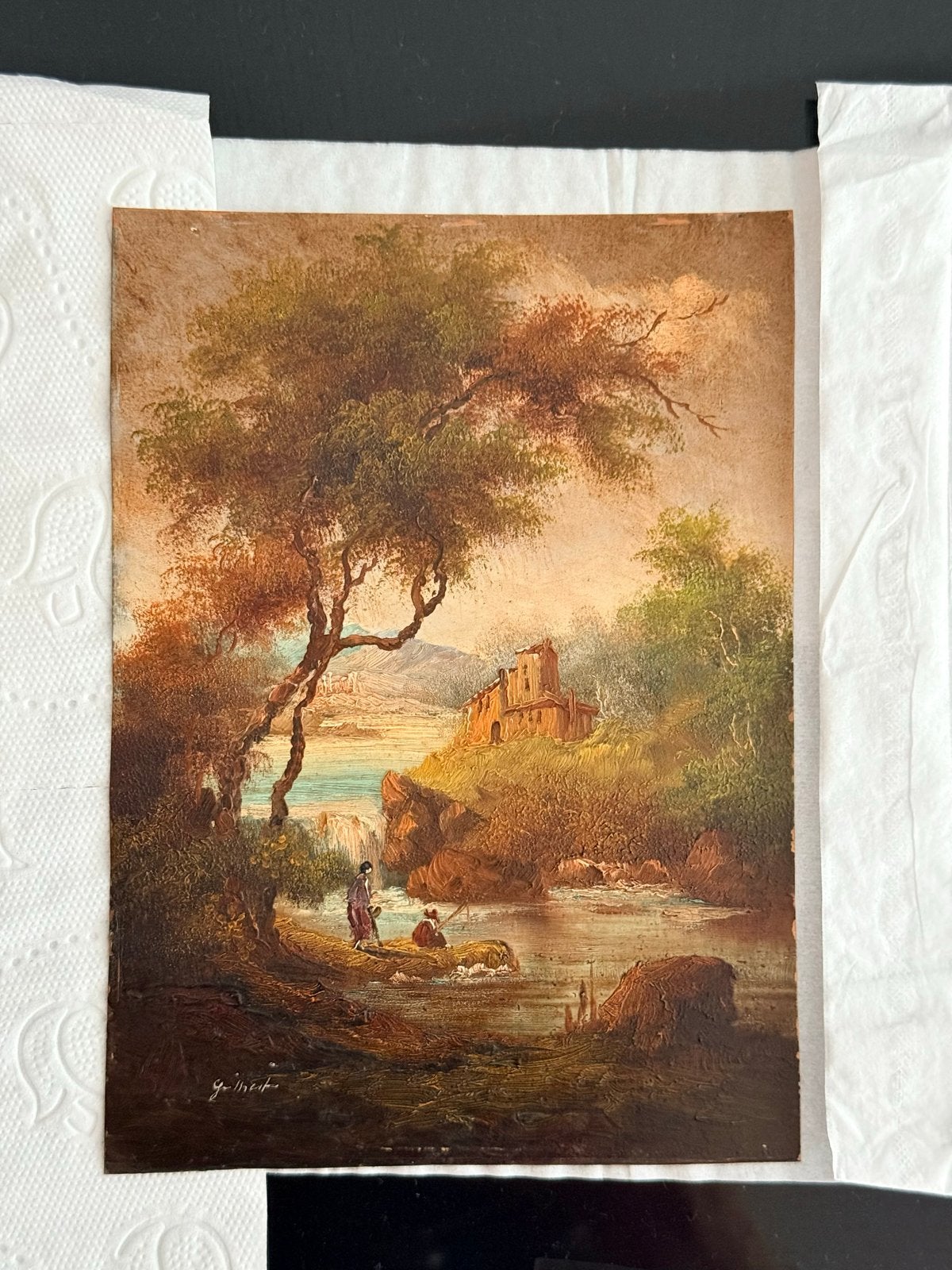 Olieverfschilderij op koper: Landschap met figuren, Antiek en Kunst, Gesigneerd, Landschap, Olieverf, Klassiek