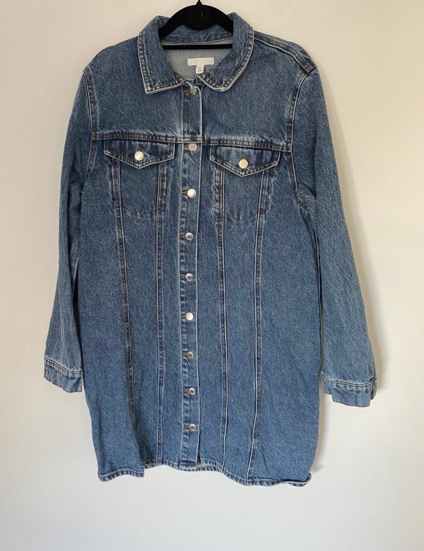 Spijkerjas lang. H&M, maat L., Verzenden, Zo goed als nieuw, Maat 42/44 (L), Blauw