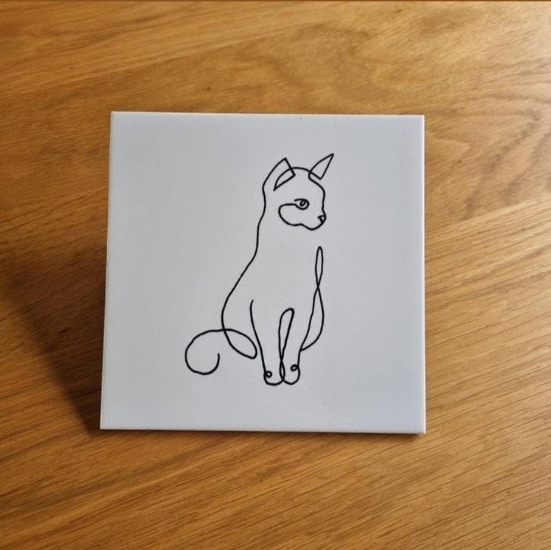 Tegeltje lijntekening lijn tekening zittende poes kat, Ophalen of Verzenden