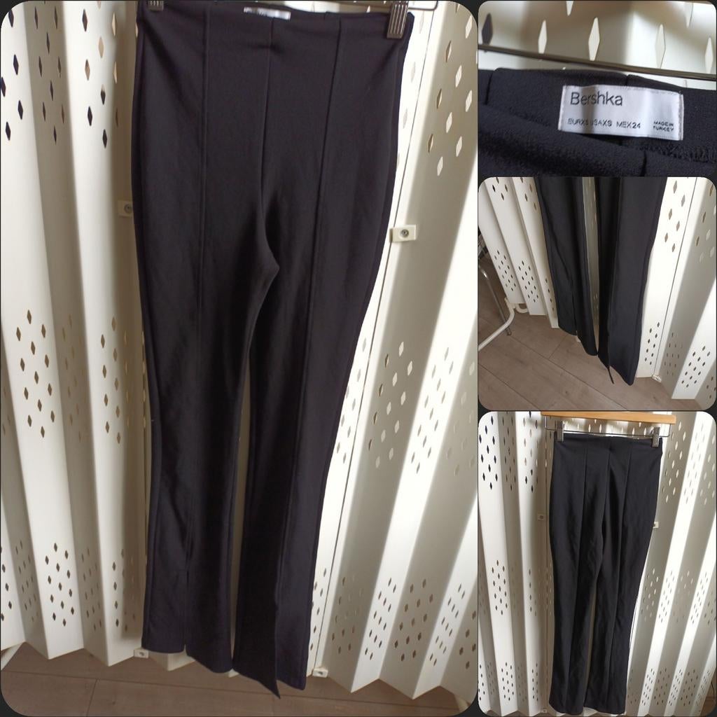 Bershka zwarte high rise flared broek splitten stretch XS, Zwart, Zo goed als nieuw, Maat 34 (XS) of kleiner, Lang