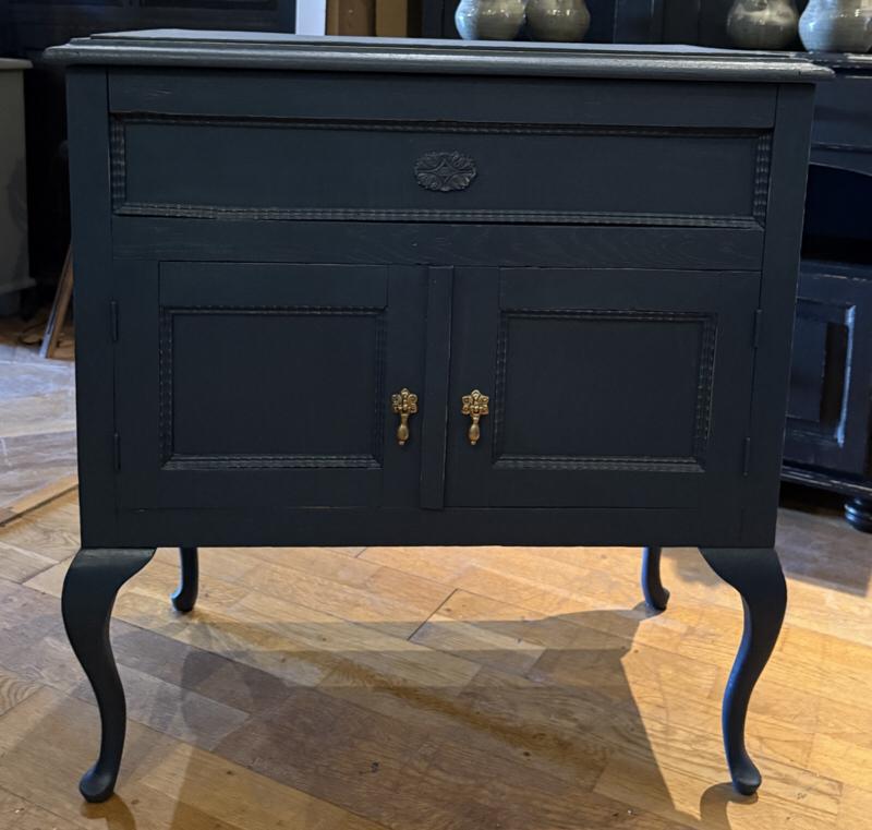Vintage klein kastje met bovenklep, oud halkastje blauw VdlM, Huis en Inrichting, Kasten | Ladekasten, Ophalen, 50 tot 100 cm