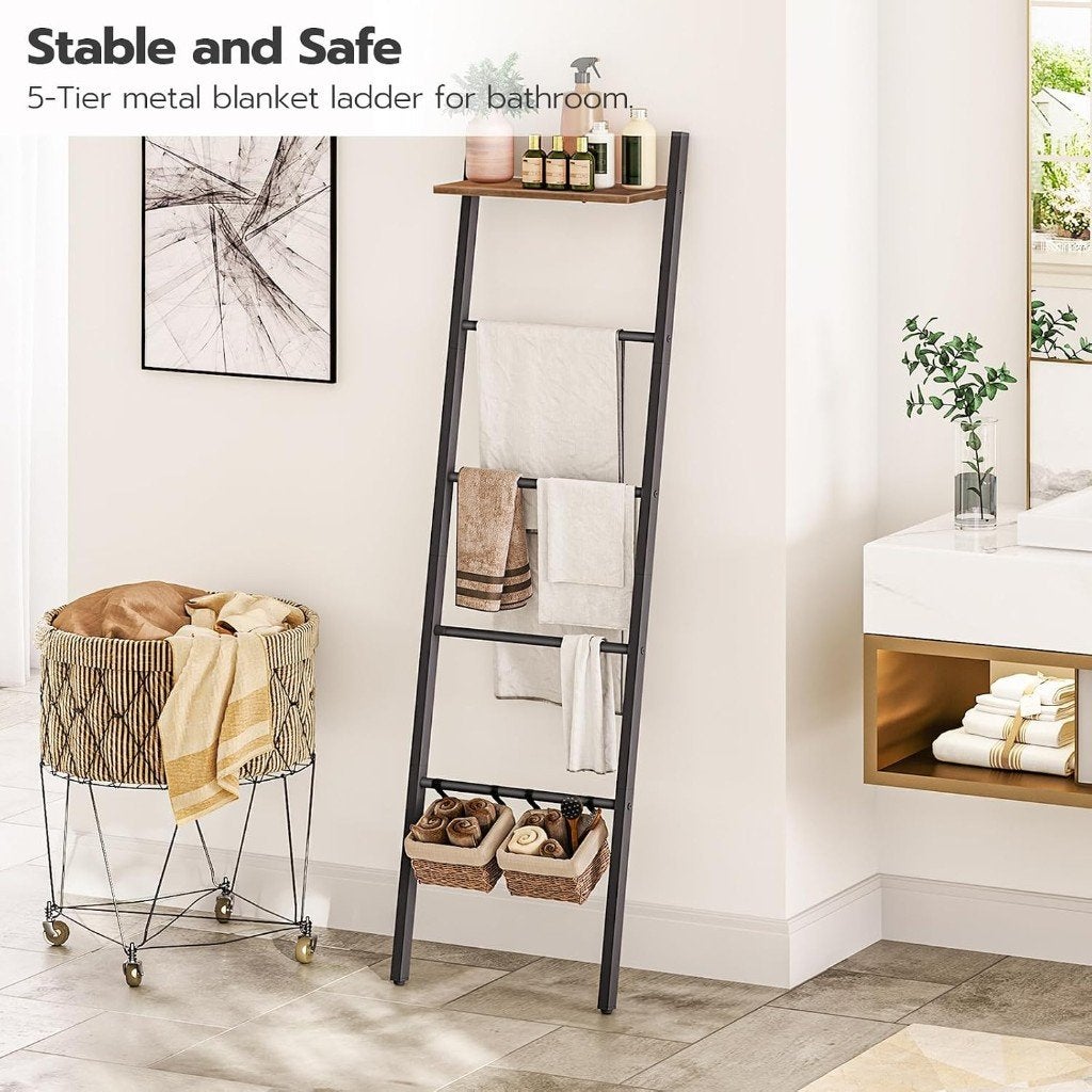 Handdoekrek – Dekenladder – Wandrek – 63x24x173 cm, Ophalen, Badkamerrek, Bruin, Overige merken