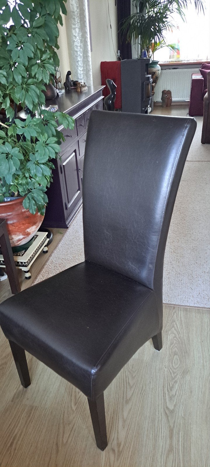 4 donkerbruine leren eetkamerstoelen, Ophalen, Gebruikt, Bruin, Leer
