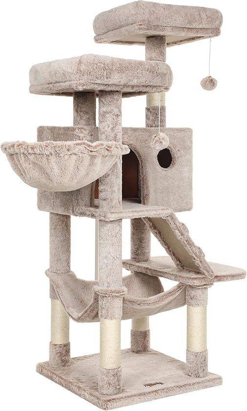 Krabpaal Kat 49x49x135 cm – Taupe/Beige – Met Hangmat & Mand, Ophalen, Zo goed als nieuw, Krabpaal