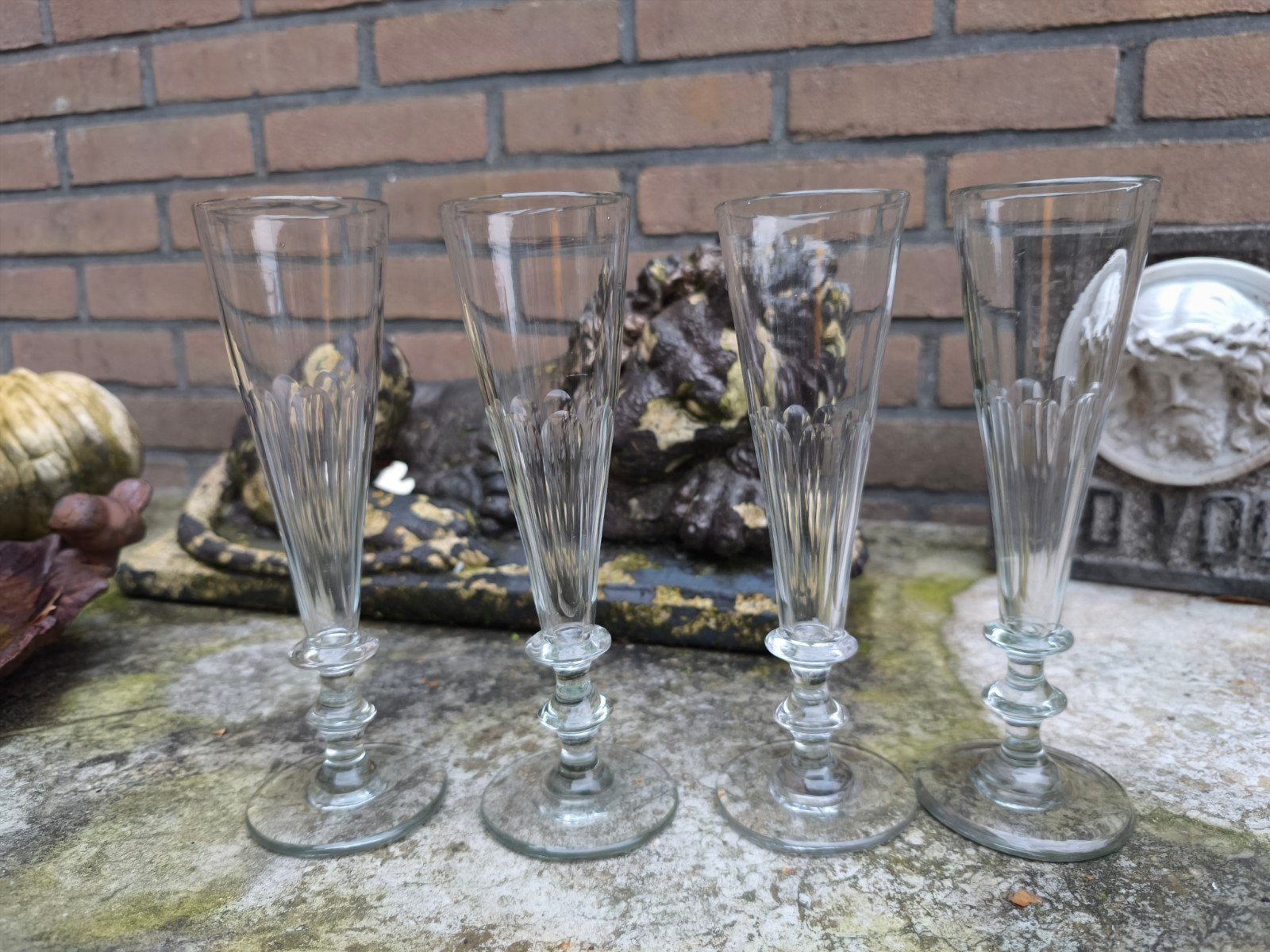4 Antieke 19e Eeuwse Dubbele Knoop Champagne Flutes, Antiek en Kunst, Ophalen of Verzenden