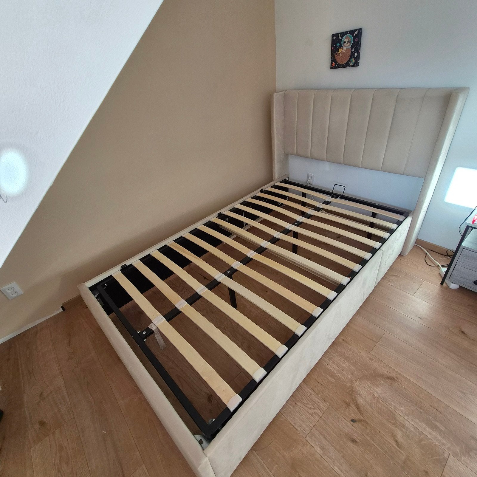 ZGAN Juskys Savona Twijfelaar bed 120x200 met opbergruimte, Ophalen, Beige, Zo goed als nieuw, Twijfelaar