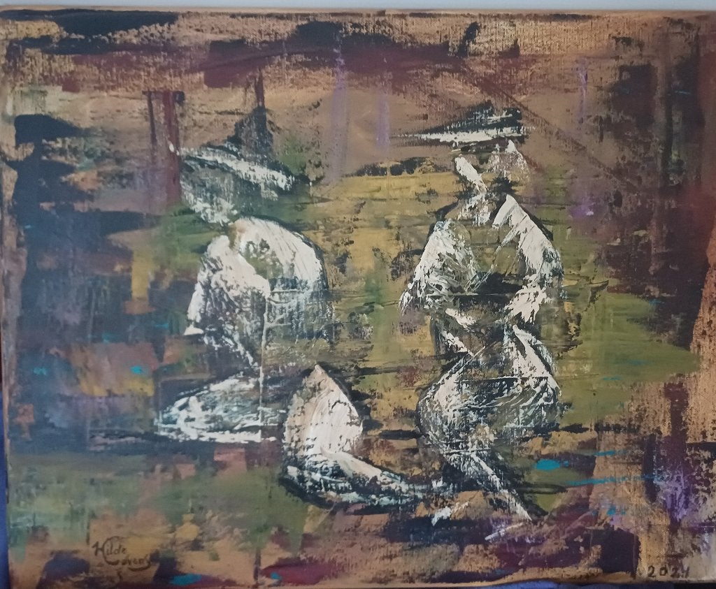 Schilderij  'Date' olieverf paletmes, nieuw., Antiek en Kunst, Ophalen, Gesigneerd