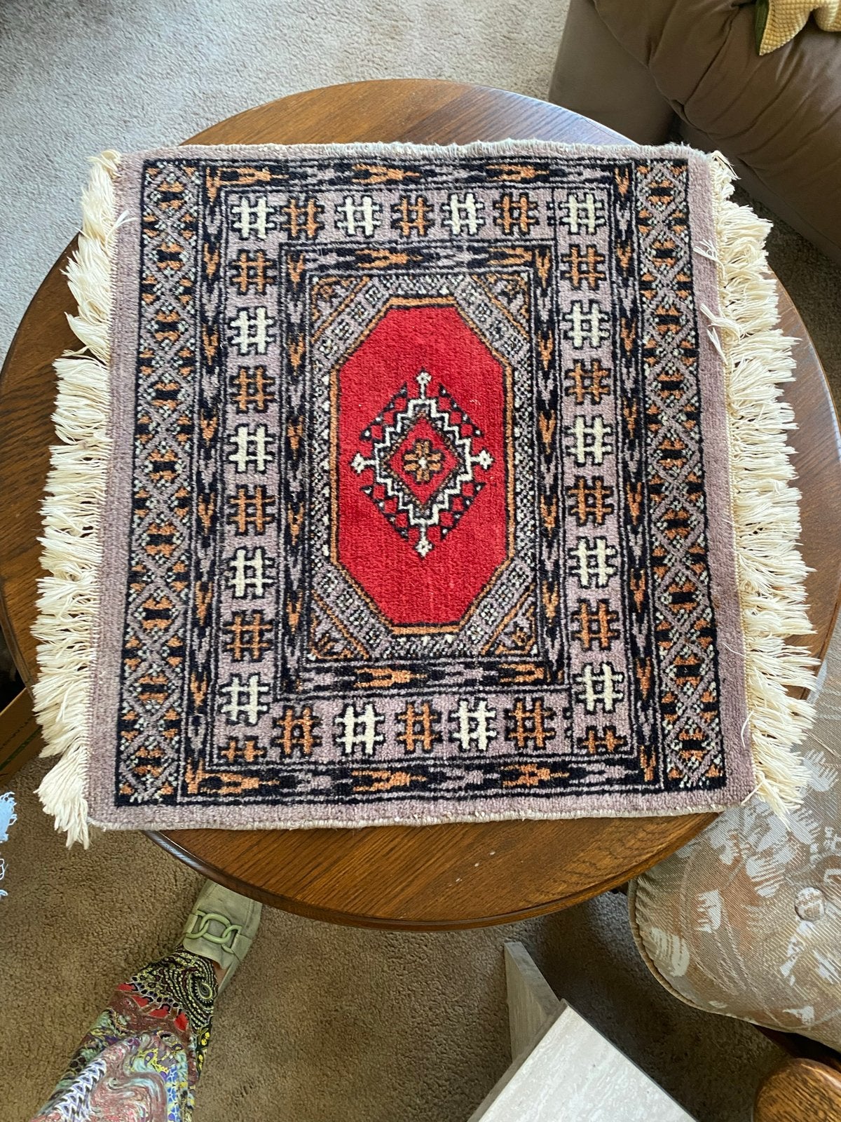 Vintage Oosters Tapijtje - Rood/Beige/Zwart, Minder dan 50 cm, Gebruikt, Vierkant, Ophalen of Verzenden