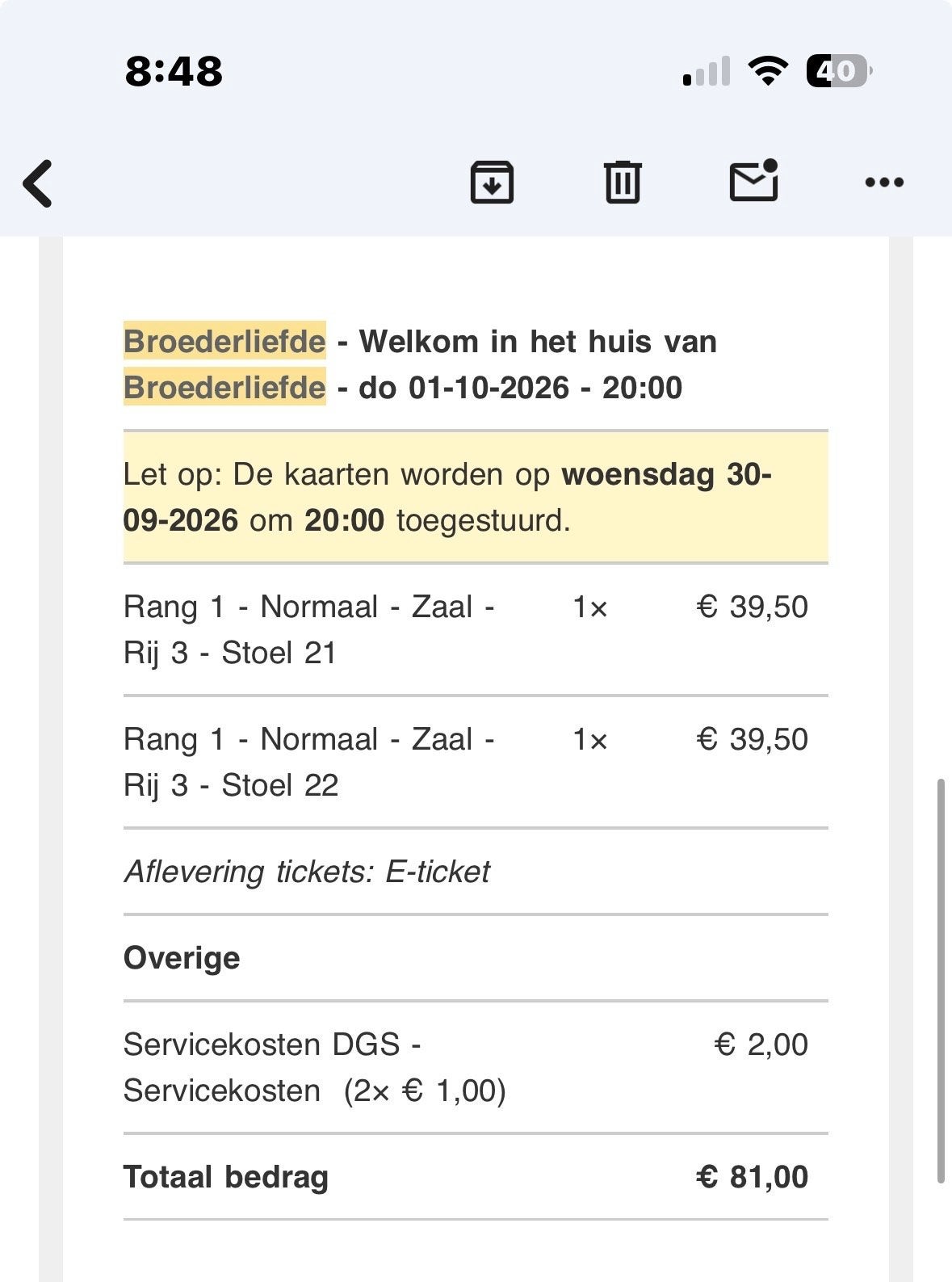 Broederliefde welkom in het huis van broederliefde, Tickets en Kaartjes, Twee personen, Oktober