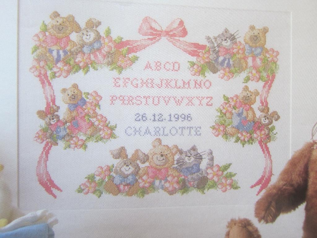 borduren borduurpatroon GEBOORTETEGEL MERKLAP met beren, Hobby en Vrije tijd, Ophalen of Verzenden, Zo goed als nieuw, Handborduren