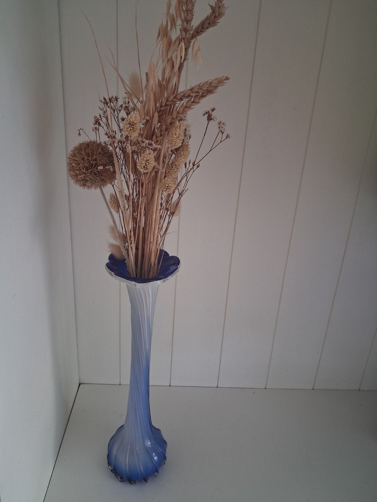 Vintage hoge blauw-witte vaas Murano stijl, Ophalen of Verzenden