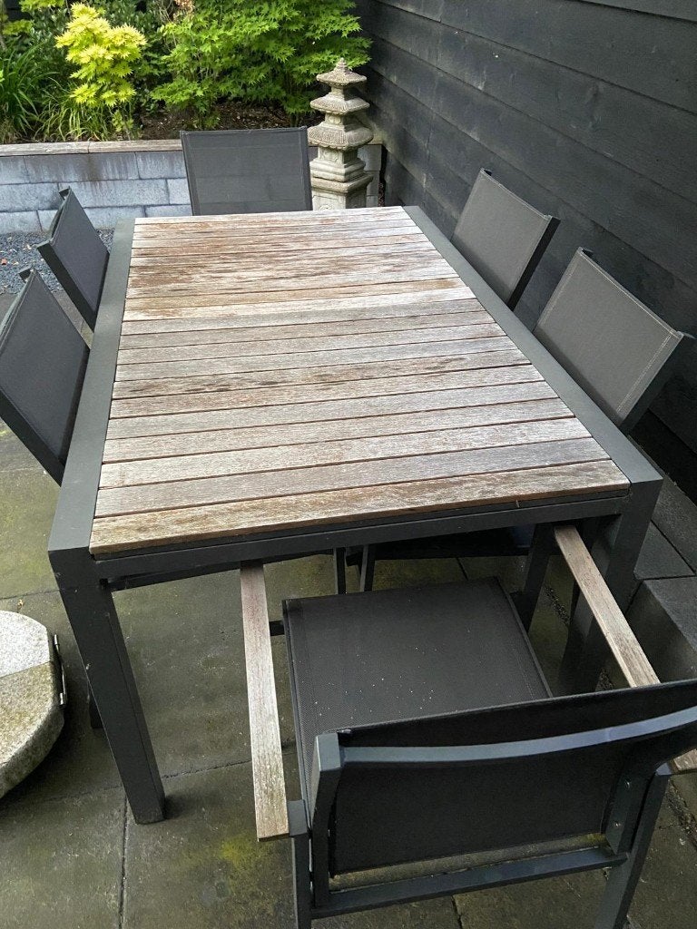 Tuin/Camping aluminium met hout eet tafel met 4 stoelen, Tuin en Terras, Tuinsets en Loungesets, Ophalen, 4 zitplaatsen, Gebruikt