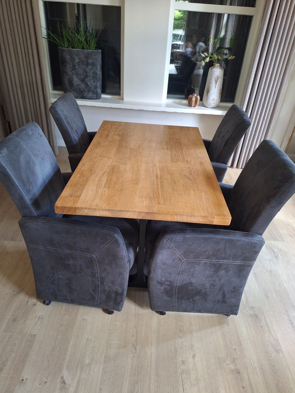 Eikenhouten eettafel met stoelen (79x127 cm), Ophalen, Gebruikt, 100 tot 150 cm, Eikenhout