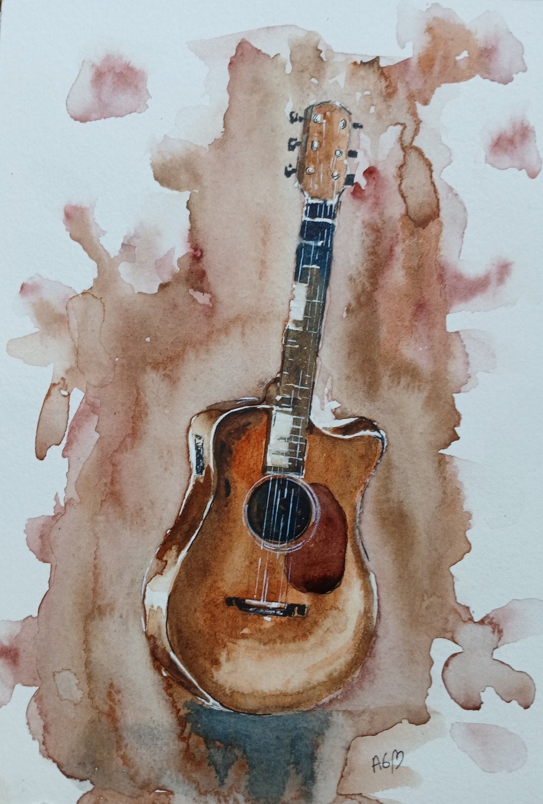 Aquarel gitaar, Antiek en Kunst, Kunst | Schilderijen | Modern, Ophalen of Verzenden