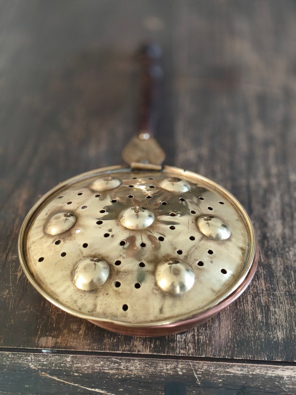 Antieke koperen en messing beddenwarmer met houten handvat, Antiek en Kunst, Antiek | Koper en Brons, Ophalen of Verzenden