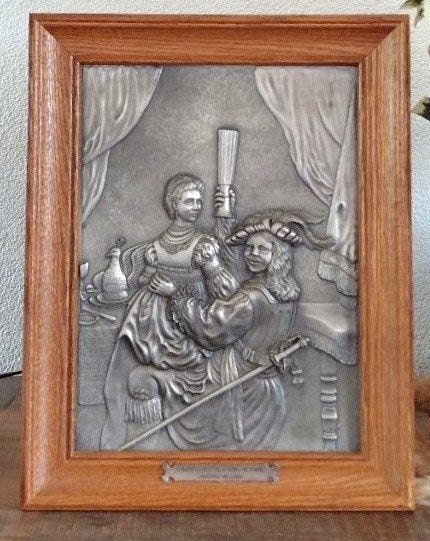 Vintage tinnen schilderij ,Rembrandt met Saskia., Portret of Personen, Oud hollands, Overige technieken, Metaal