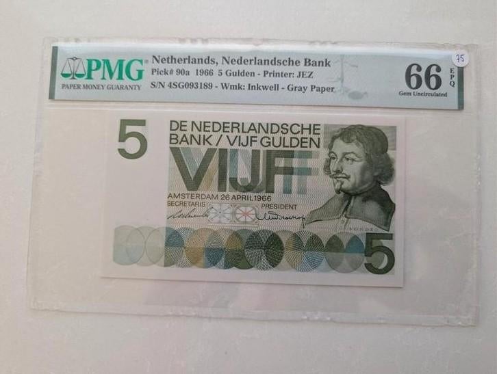 5 gulden 1966 Vondel I UNC PMG66EPQ, Ophalen of Verzenden, 5 gulden, Los biljet