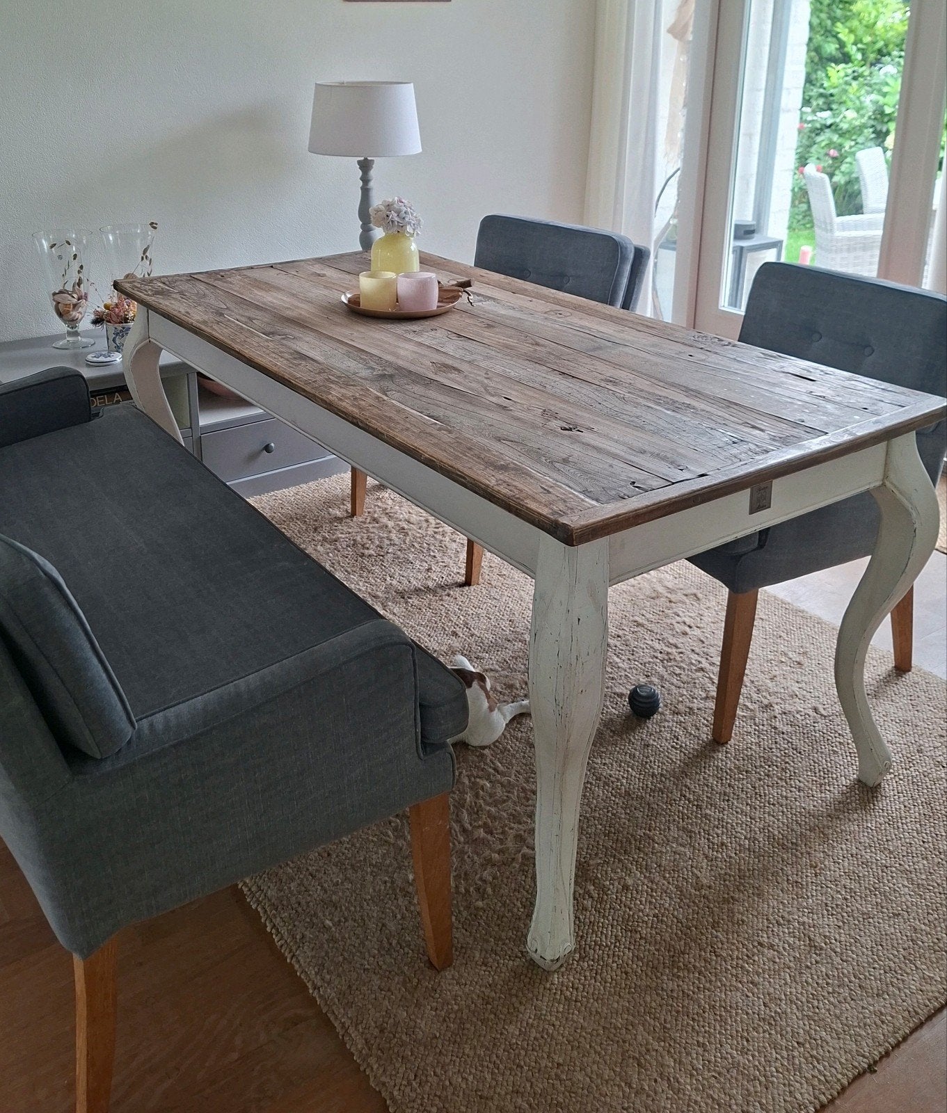 oud drijf hout & wit eettafel Riviera Maison 1.80 x 0.9m, Ophalen, Gebruikt, 4 tot 6 stoelen