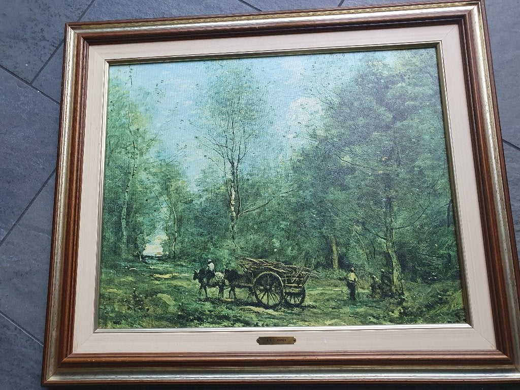 Schilderij J.B.C. Corot - Bosgezicht met ezel en kar, Ophalen, Doek, Landschap, Klassiek