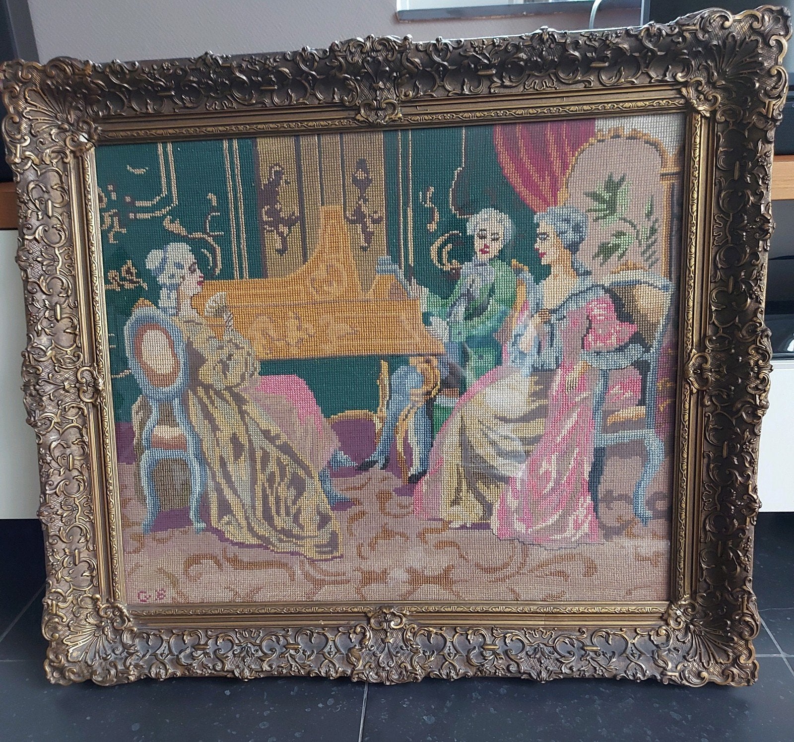 Antiek geborduurd Schilderij lijst 63x74 cm, Ophalen