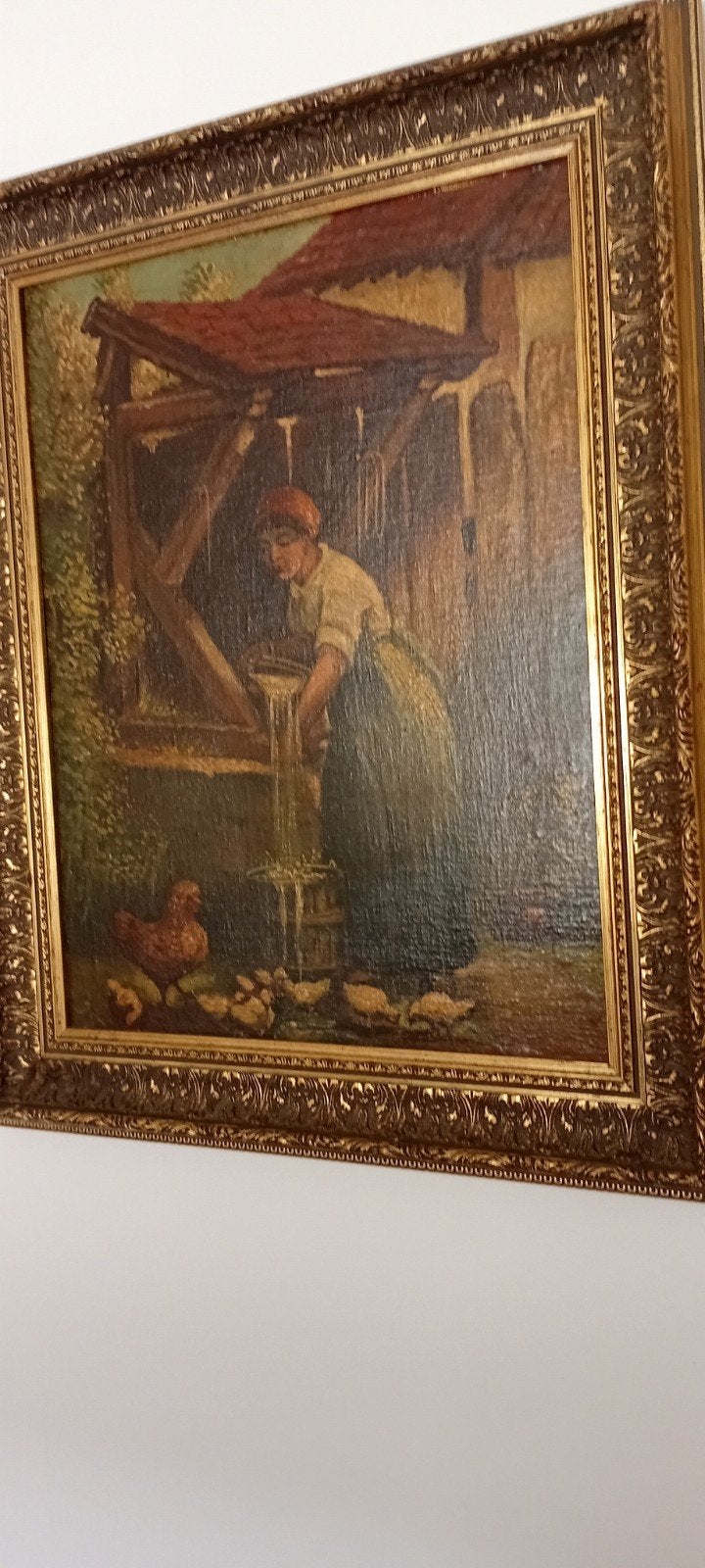 Oud schilderij: Vrouw bij waterput met eenden, Ophalen of Verzenden
