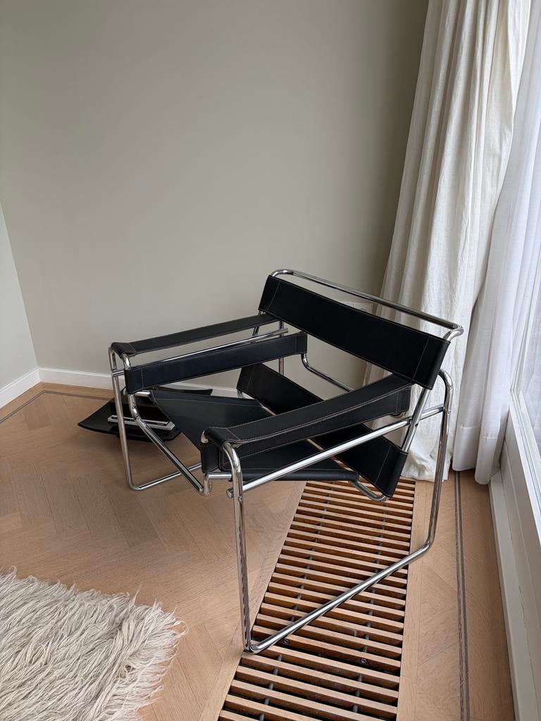 Replica Marcel Breuer Wassily Stoel - Zwart Leer & Chroom, Huis en Inrichting, Stoelen, Ophalen, Gebruikt, Zwart, Leer