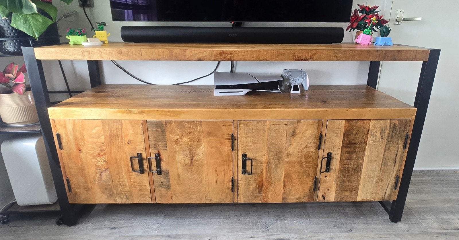 Industrieel dressoir mangohout en metaal, Ophalen, Gebruikt, 150 tot 200 cm, Minder dan 100 cm