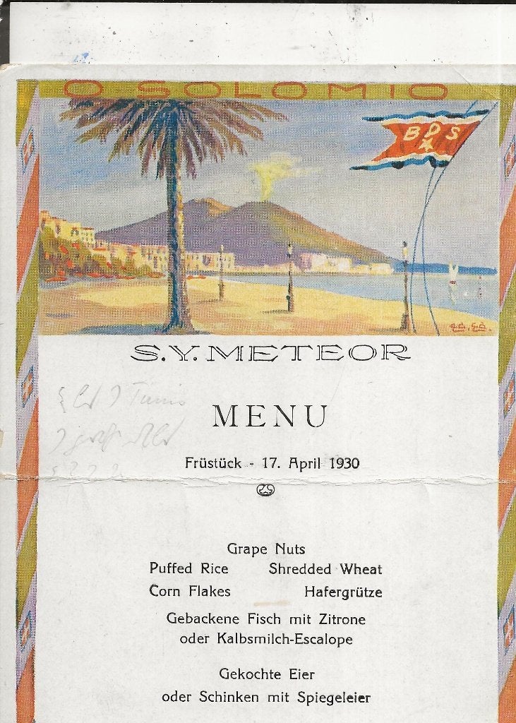S.Y.Meteor Menukaart O Solomio 17 april 1930, Ophalen of Verzenden, 1920 tot 1940, Ongelopen, Zuid-Holland