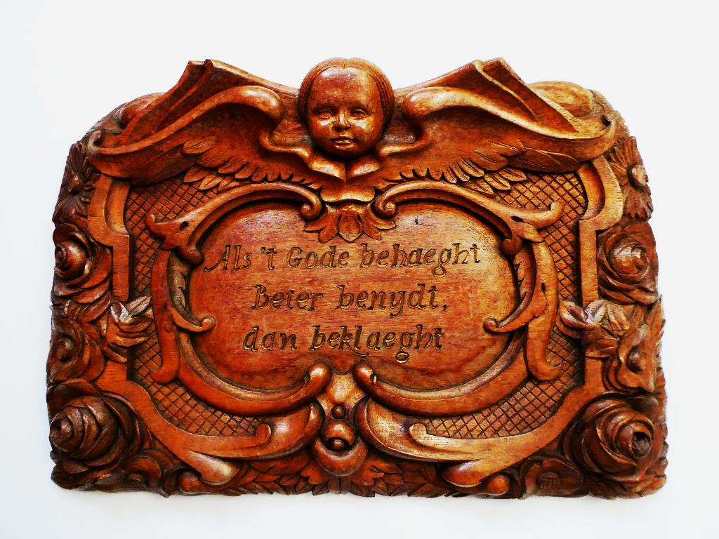 Groot houtgesneden gevel ornament engel spreuk Als 't Gode.., Antiek en Kunst, Antiek | Religie, Ophalen of Verzenden