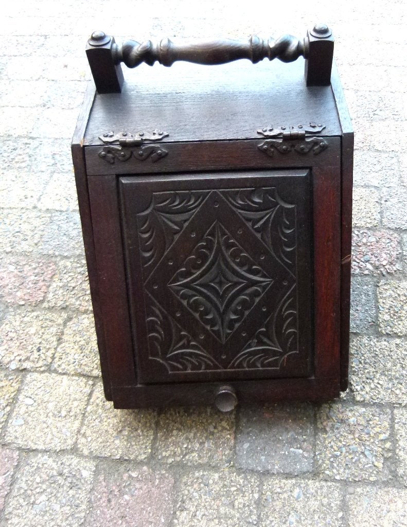 antieke houten kolenbak met scharnierend deksel, Ophalen, 50 – 75, Minder dan 50 cm, 50 tot 100 cm