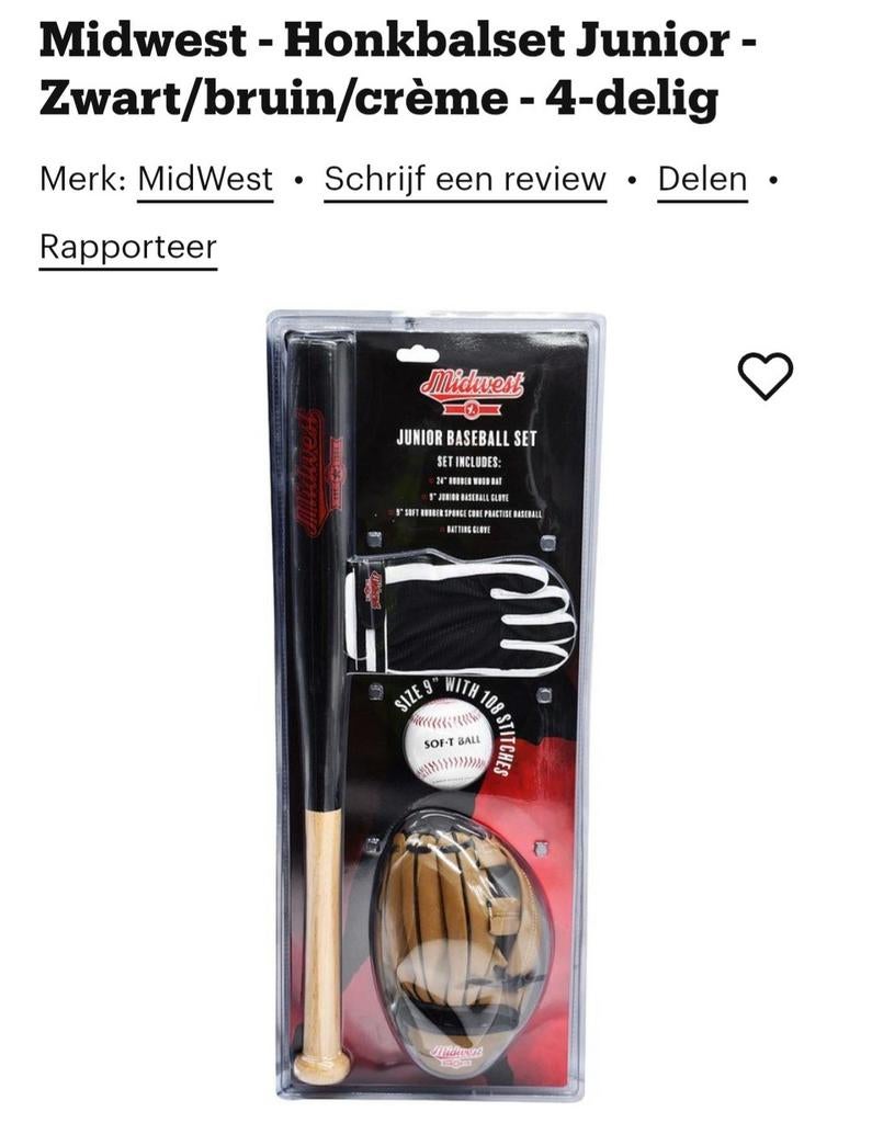 Midwest Honkbalset Junior - Zwart/bruin/crème - 4-delig, Sport en Fitness, Ophalen, Nieuw, Honkbal, Overige typen