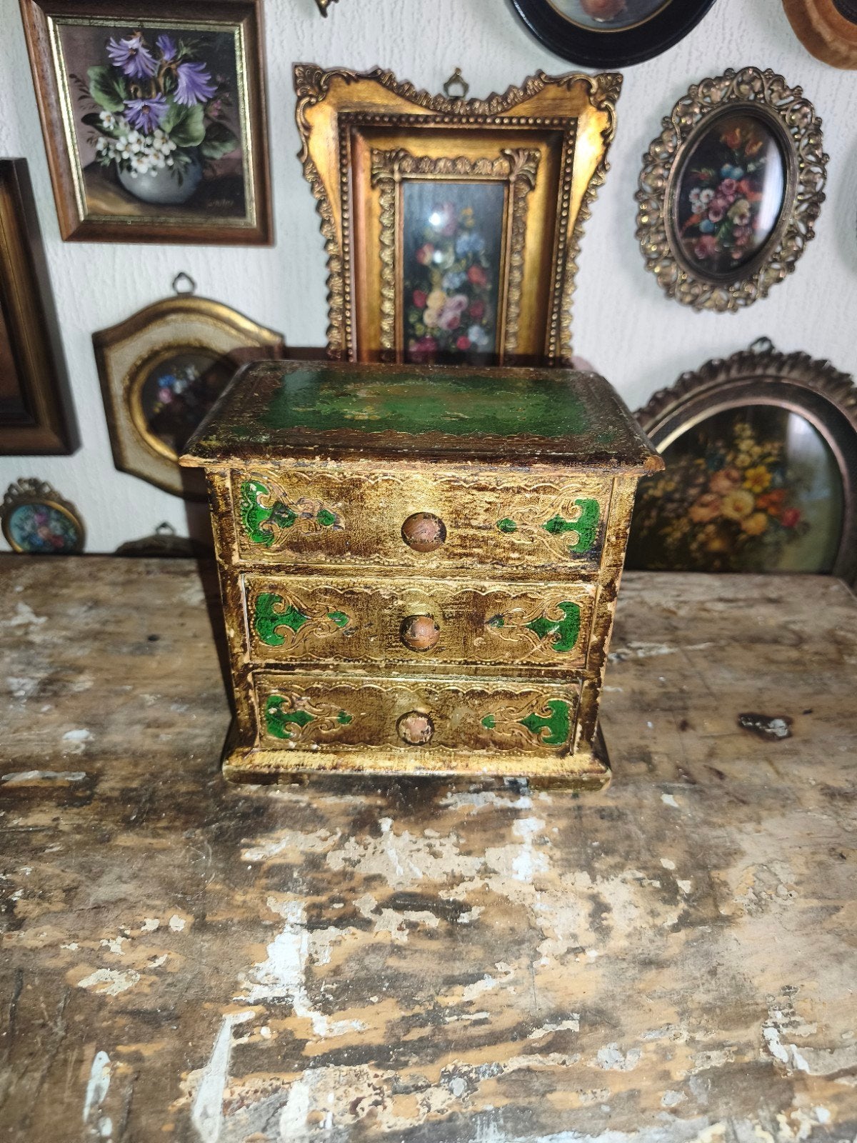 Oud florentijns Italiaans miniatuur lade kastje met bloemen, Antiek en Kunst, Curiosa en Brocante, Ophalen of Verzenden