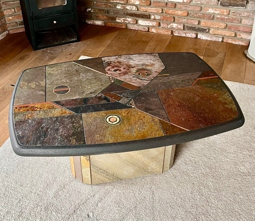 Salontafel in Paul Kingma stijl met leisteen mozaïek, Ophalen, Overige materialen, Gebruikt, 100 tot 150 cm