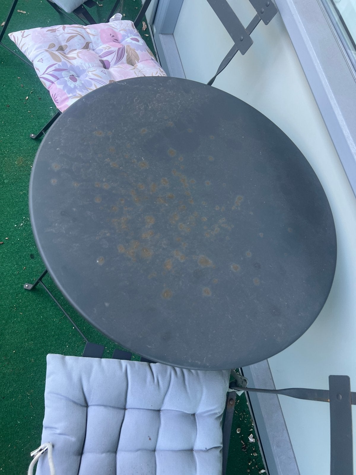 Balkonset: Tafel en 4stoelen - Gebruikt, Ophalen of Verzenden, Gebruikt, Rond, Metaal