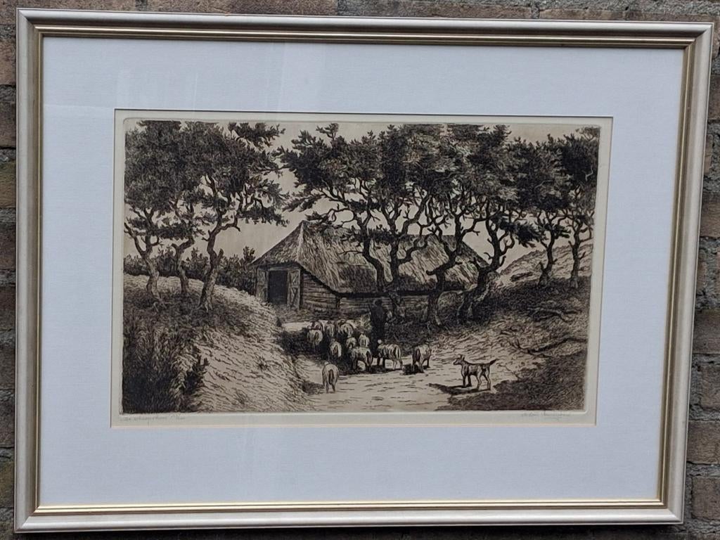 Cor van der Woerd(1901-1994).De Schaapskooi.  Ets. 75/56 cm., Antiek en Kunst, Kunst | Etsen en Gravures, Ophalen