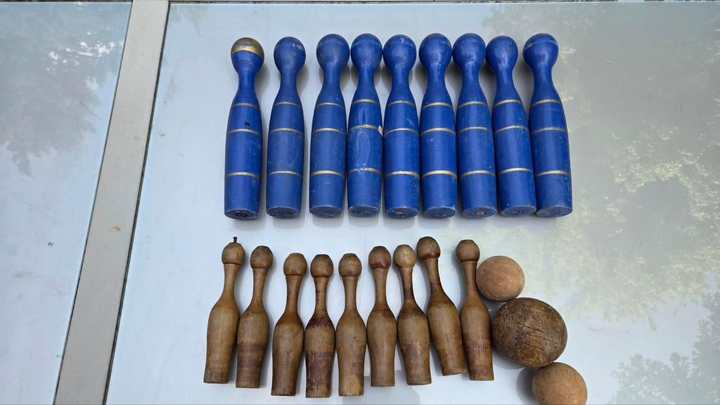 2x Oud houten speelgoed kegel spel kegels, Ophalen of Verzenden