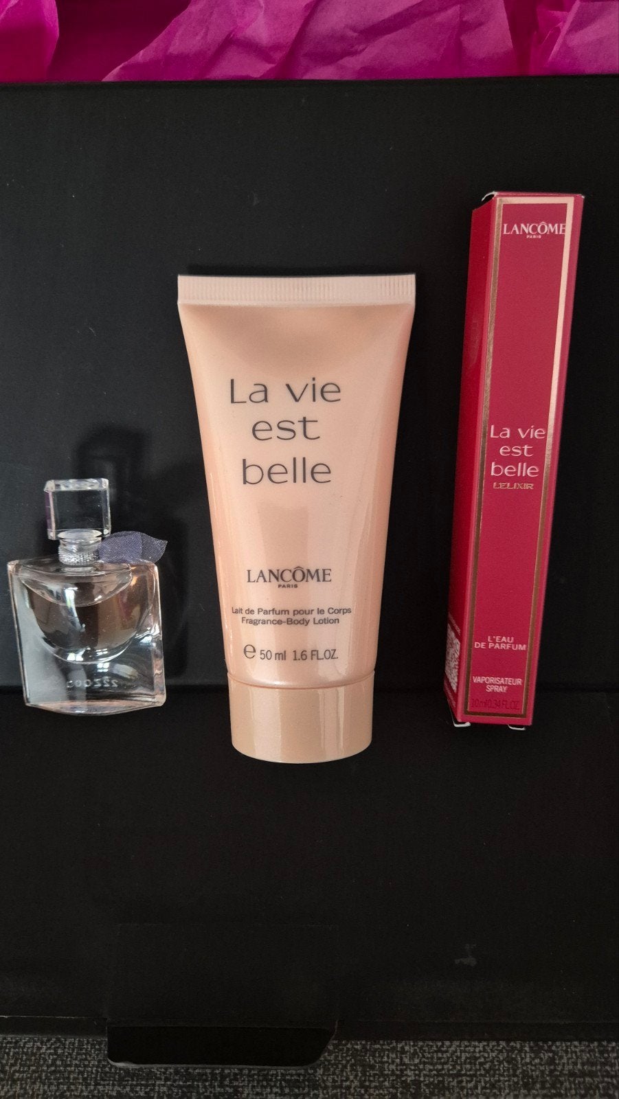 Lancome La vie est belle travel 10ml mini parfum lotion 50ml, Ophalen of Verzenden, Nieuw, Miniatuur