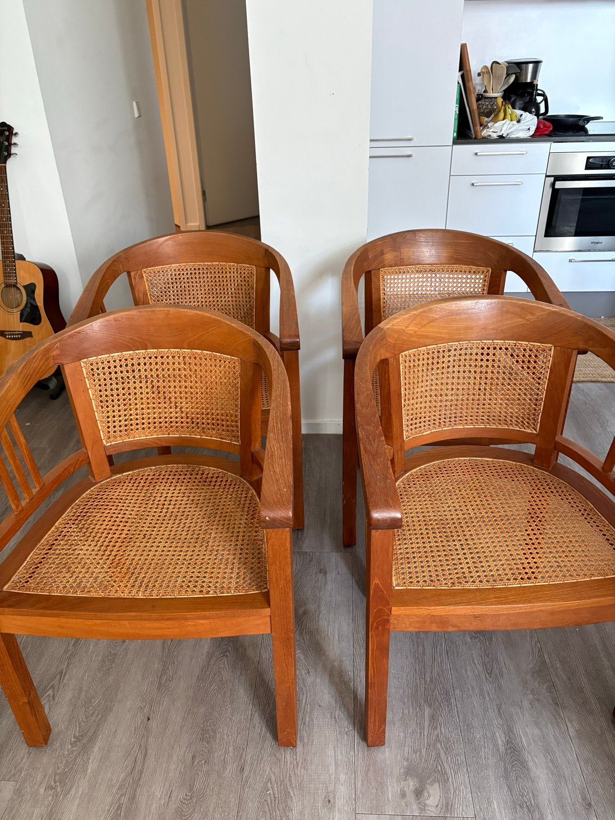 Set van 4 vintage houten eetkamerstoelen | Rotan webbing, Huis en Inrichting, Stoelen, Ophalen, Gebruikt, Bruin, Mid century, japandi, vintage, boho