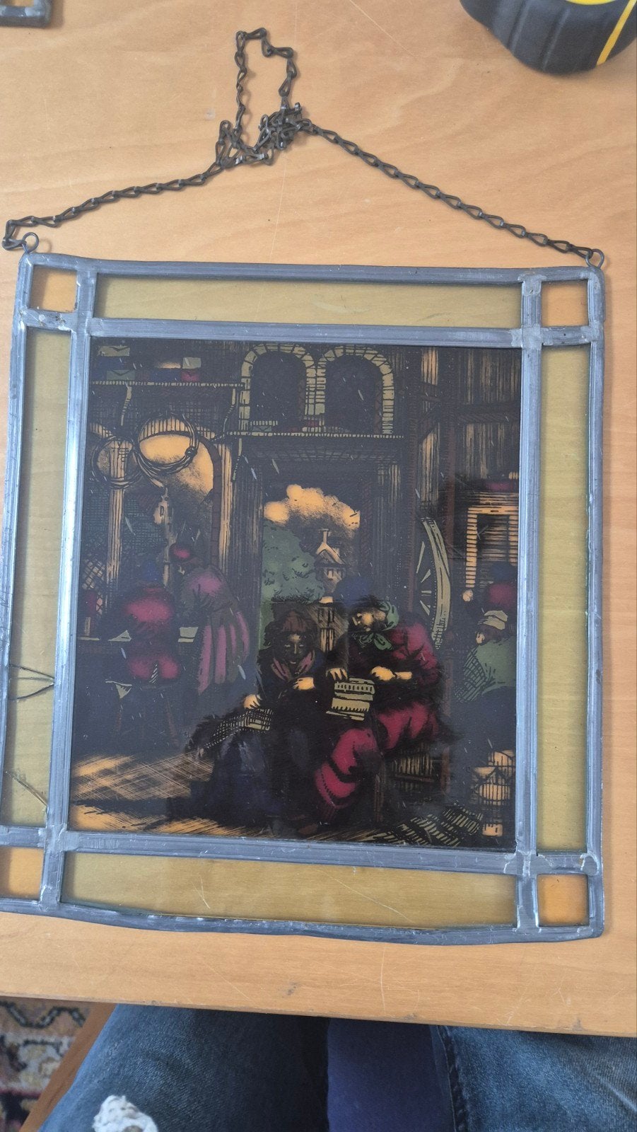 Glas in lood raamhanger met afbeelding - 25x28 cm, Antiek en Kunst, Antiek | Glas en Kristal, Ophalen of Verzenden