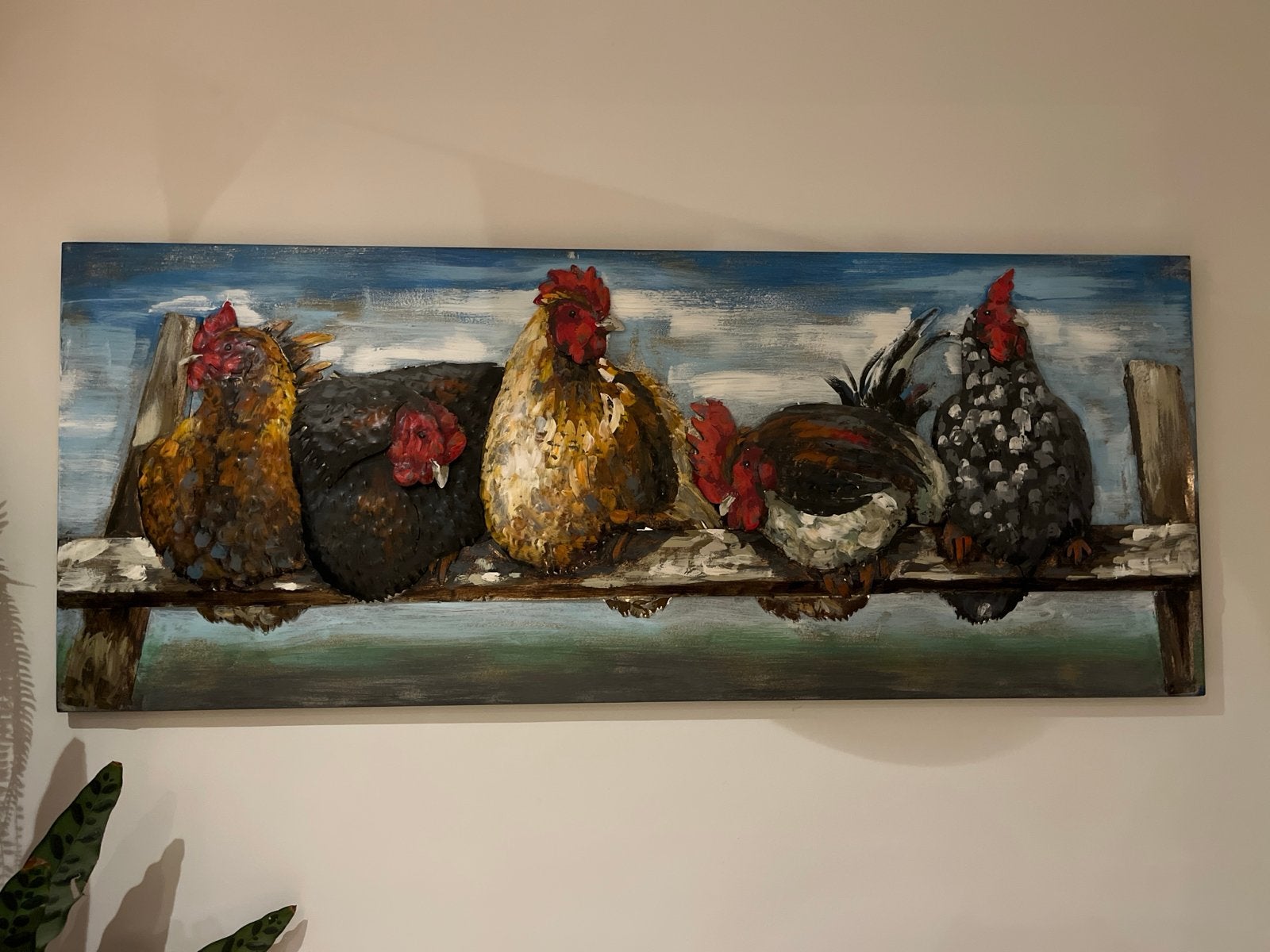 Metalenschilderij met kippen op stok, 150x60 cm, Ophalen, Metaal, Dieren