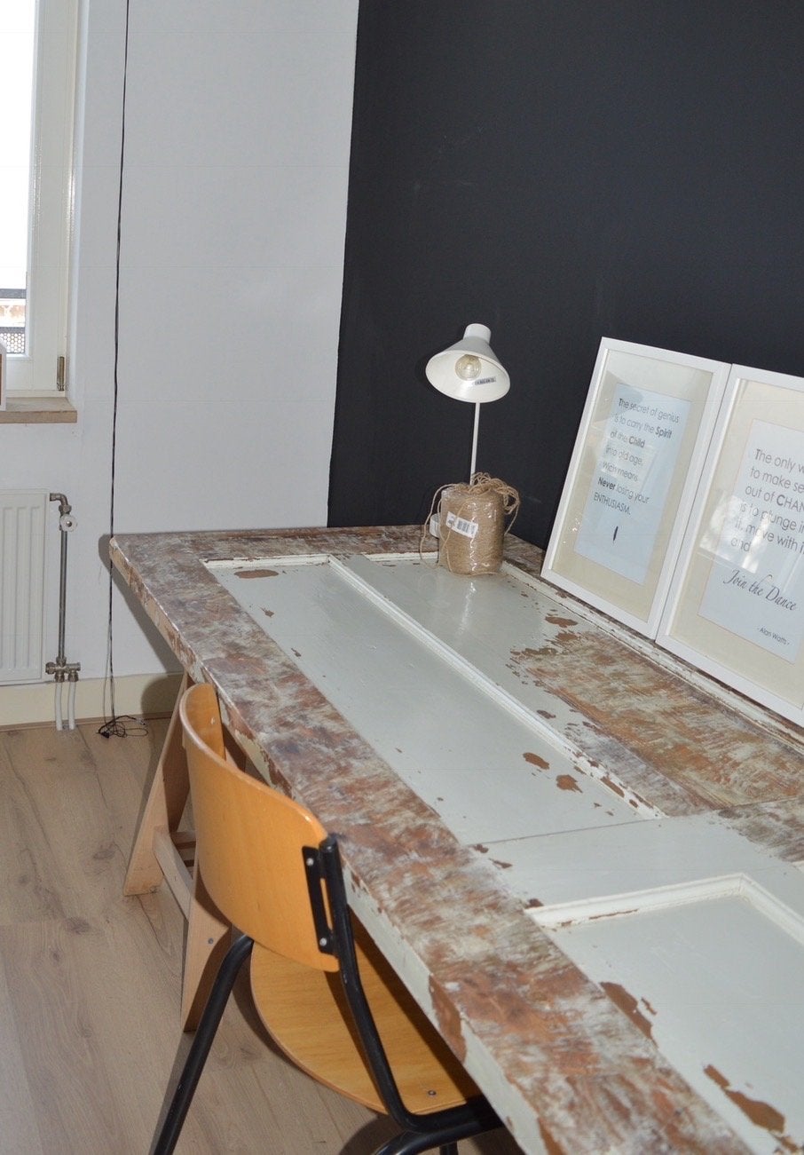Bureau met schragen en deurblad - Wit/Hout, Ophalen, Gebruikt, 50 tot 100 cm, Rechthoekig