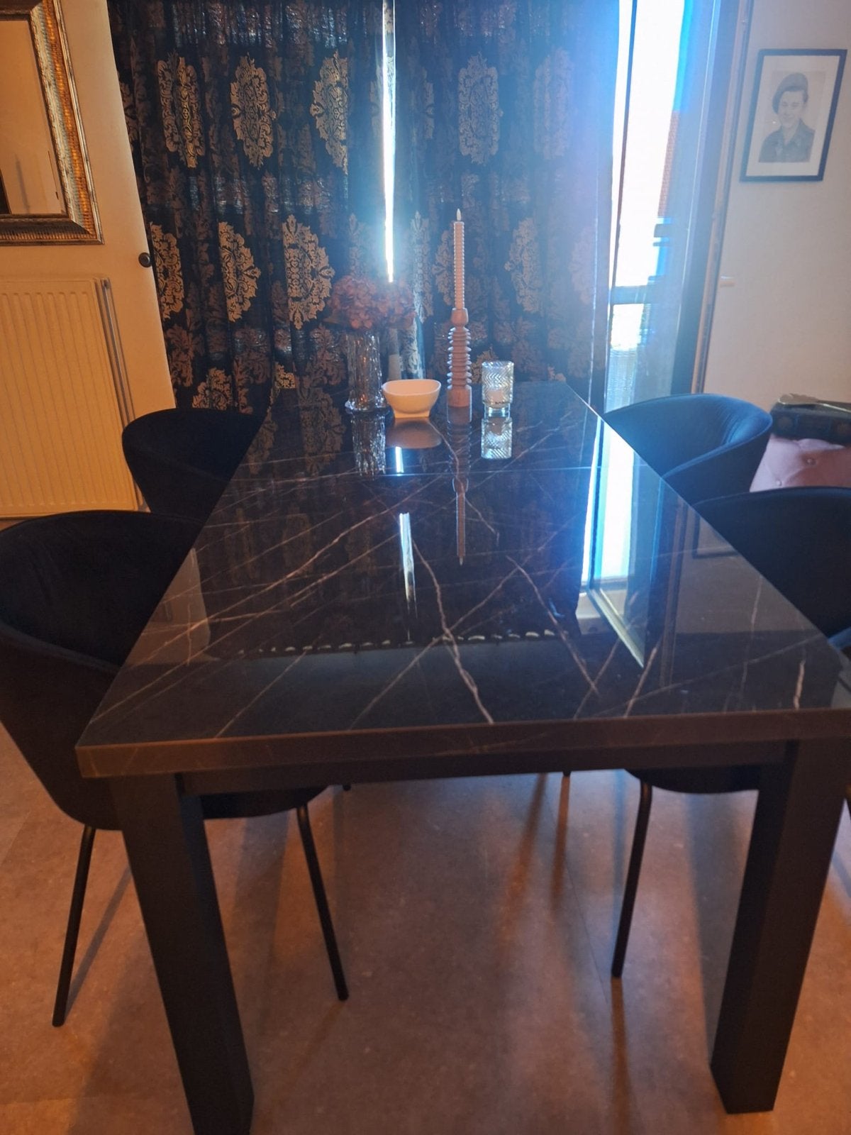 Uitschuifbare Eettafel (180-300cm) met 4 Zwarte Fluweel Stoe, Ophalen, Overige materialen, Gebruikt, 200 cm of meer