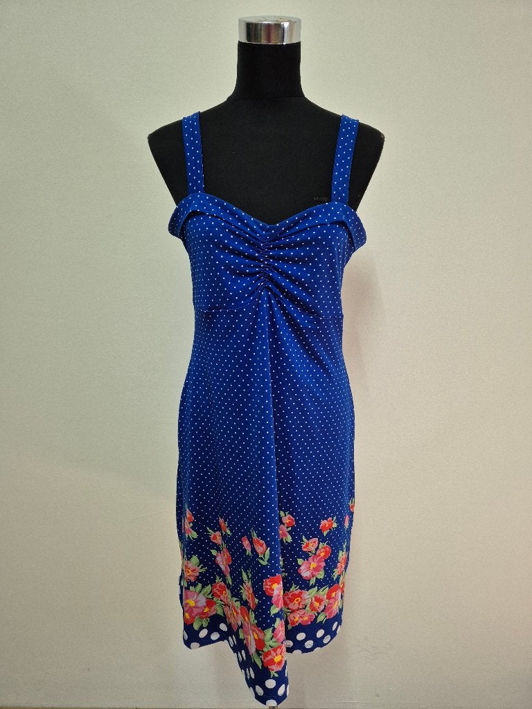 J536 - King Louie Jurkje Blauw met stippen en bloemen Maat L, Maat 38/40 (M), Blauw, Ophalen of Verzenden, Zo goed als nieuw