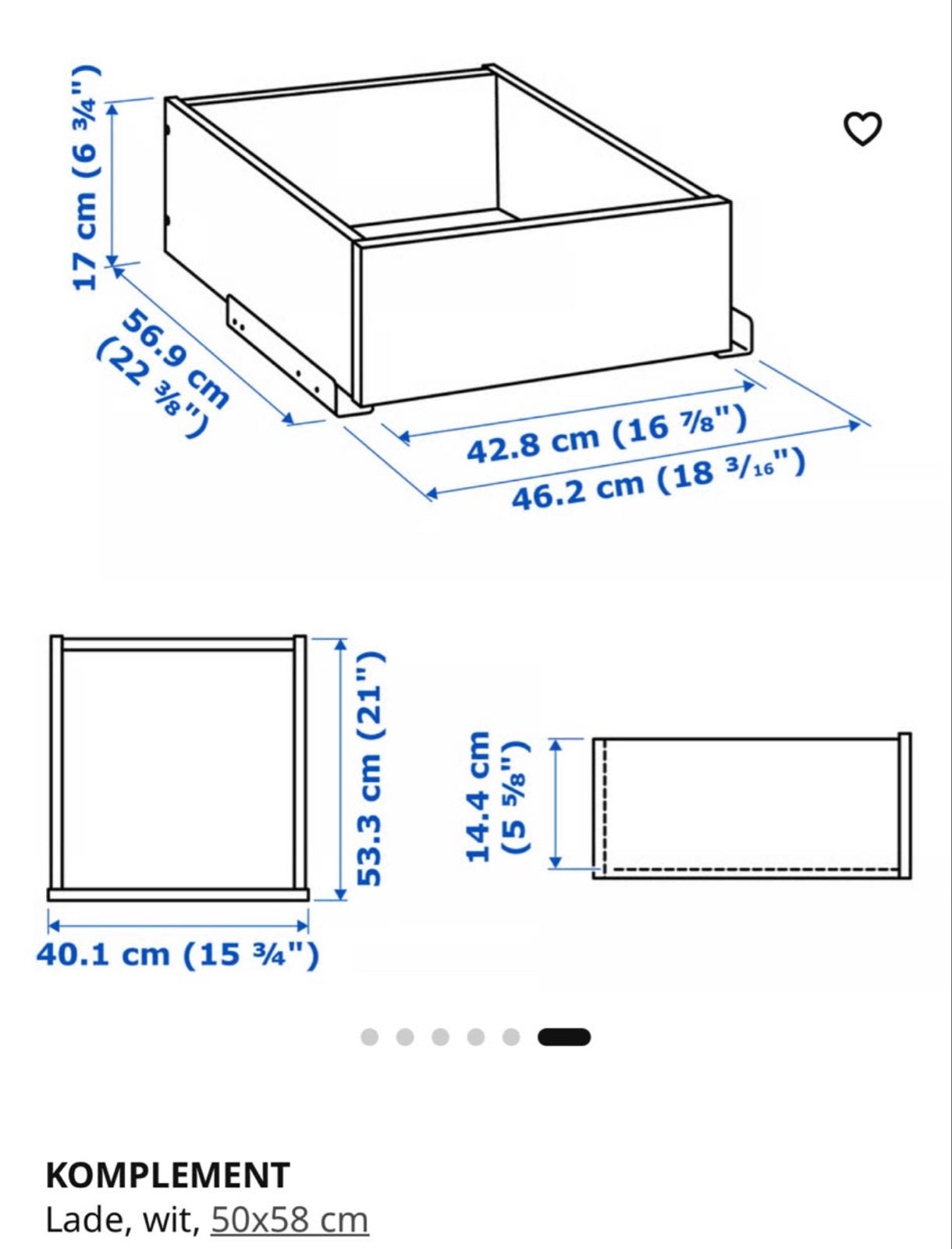 3x Ikea Komplement lade wit 50x58 cm, Ophalen, Nieuw, 50 tot 100 cm, 3 of 4 laden