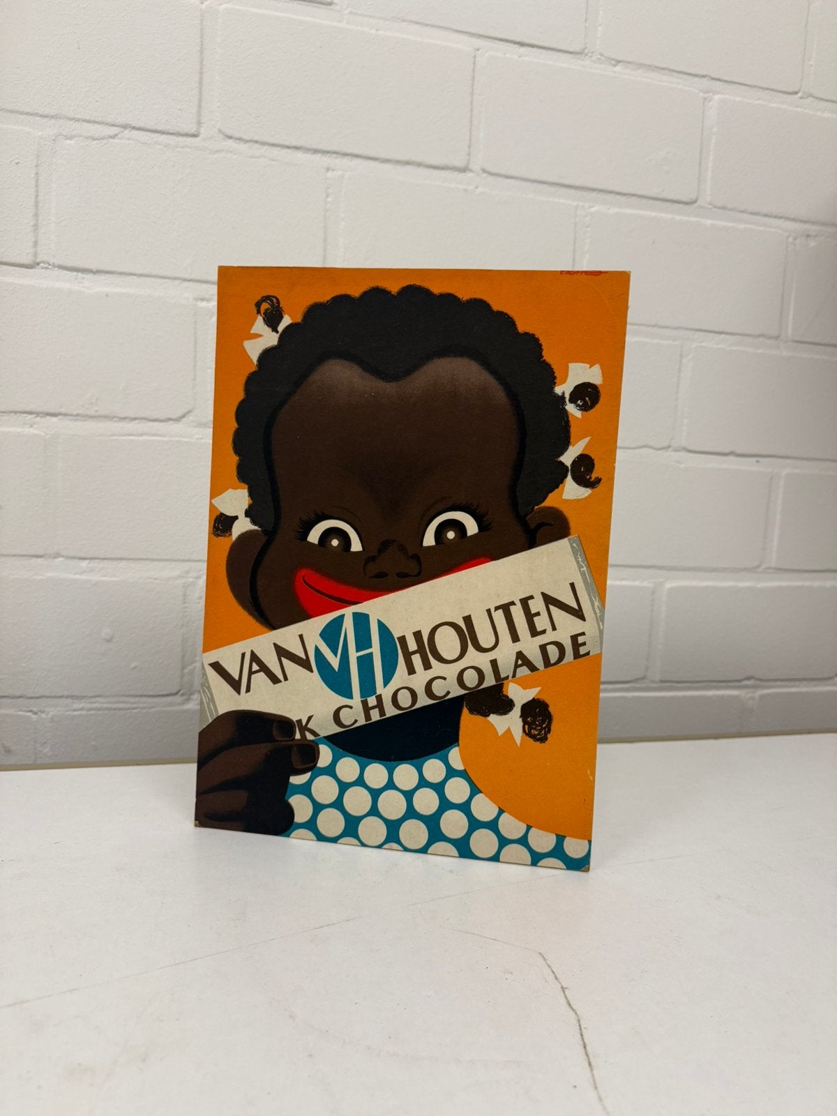 Oud van Houten cacao chocolade reclamebord  ontwerp mettes, Verzamelen, Ophalen of Verzenden, Gebruikt, Reclamebord