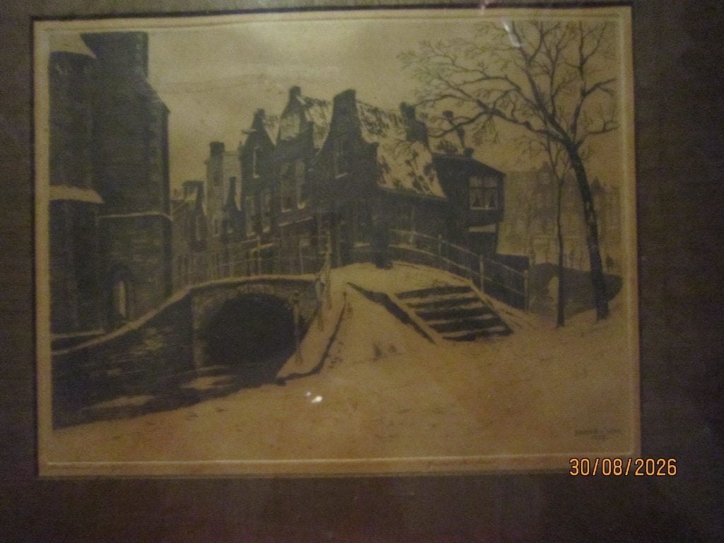 KERKSTRAAT DELFT, Mooie  Oude ets'27.  Hendri de Laat Sneeuw, Ophalen of Verzenden, Stadsgezicht, Ets, 1900 - 1949