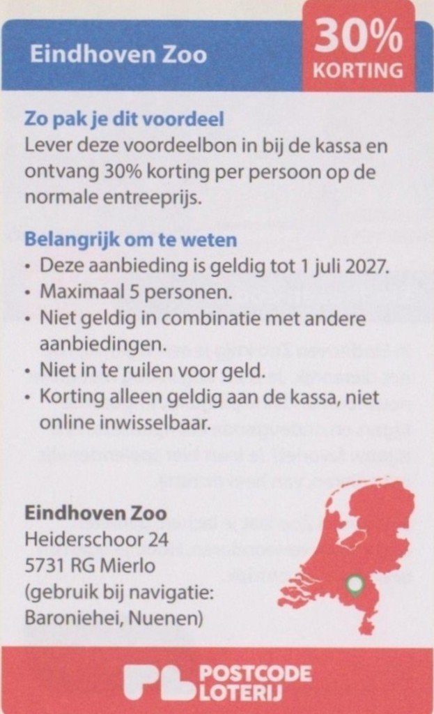 Eindhoven Zoo. 30% korting. Postcodeloterij voordeelbon., Drie personen of meer, Kortingskaart