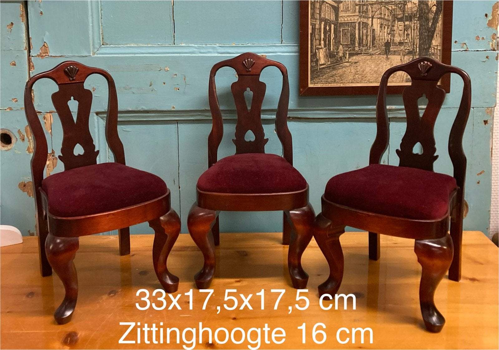 Set van 3 Queen Ann poppenstoeltjes met fluwelen zitting, Ophalen of Verzenden