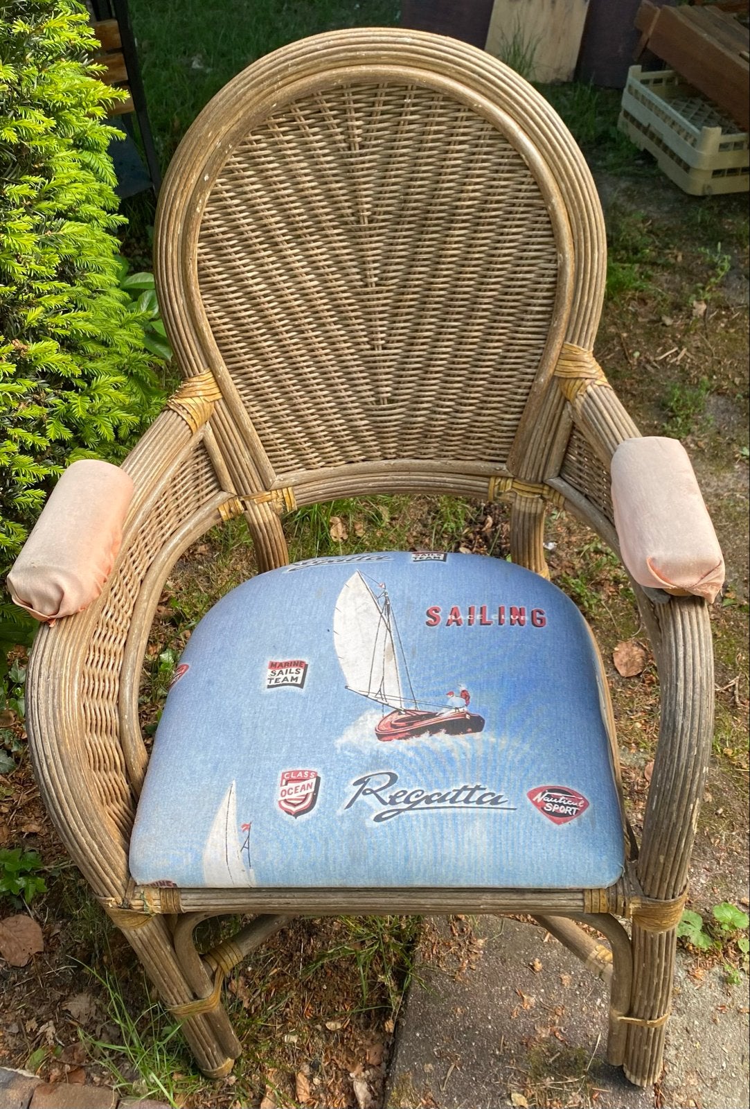 2 Vintage rotan bamboe fauteuils met maritiem zitkussen, Huis en Inrichting, Stoelen, Ophalen, Gebruikt, Overige kleuren, Riet of Rotan